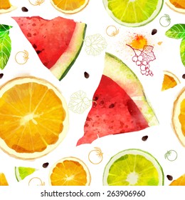 Vector Fruit seamless pattern mixture of orange, lime, watermelon, summer composition of fruits and vitamins, orange, red, green color of your fantasies! Watercolor handiwork.