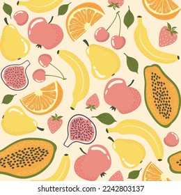 Vector fruit seamless pattern on a light background in a flat style. Ideal for printing on fabric, wrapping paper, wallpaper, etc.