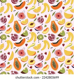 Vector fruit seamless pattern on pink background in flat style. Ideal for printing on fabric, wrapping paper, wallpaper, etc.