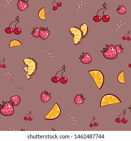 Vector Fruit seamless pattern. orange, strawberry,Pineapple Cherry summer composition of fruits vitamins hand drawing. Cotton Fabric for Sewing, Patchwork, Print Design Tissue textile Cloth Fabrics.