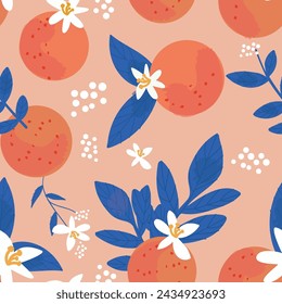 Vector fruit seamless pattern. Vector orange pattern. Vector orange flowers pattern. Seamless fruits pattern.