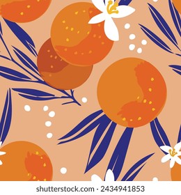 Vector fruit seamless pattern. Vector orange seamless pattern. Vector orange flowers pattern. Seamless fruits pattern.