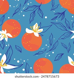 Vector fruit seamless pattern. Vector orange pattern. Vector orange flowers pattern. Seamless fruits pattern on blue background.