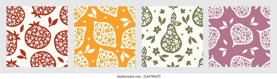Vector fruit seamless pattern set. Citrus lemon, pomegranate, pear, fig tree with flower and leaves. Modern botanical print for kitchen textile, wrapping paper, fabric, home decor, scrapbooking.