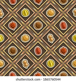 Vector Fruit Seamless Pattern, square repeating fruit background, isolated illustrations of summer fruits on dark background, diamond seamless pattern with flat lay fresh organic produces in cells.