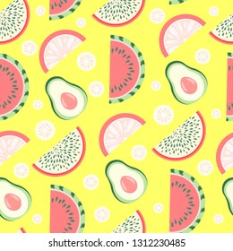 Vector fruit seamless pattern of watermelon, dragon fruit, avocado, lemon and orange