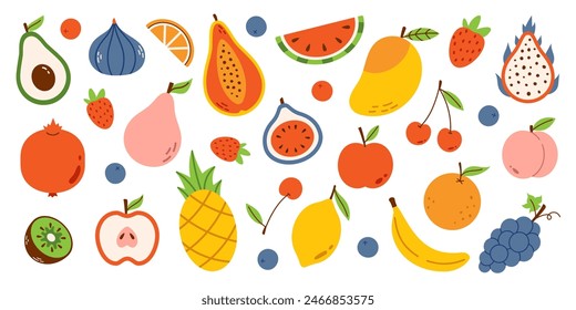 Vector fruit set in flat design. Cartoon fruits and berries elements. Collection of nature summer food. Exotic and tropical fruits. Dragon fruit, pomegranate, avocado, mango, papaya, watermelon.