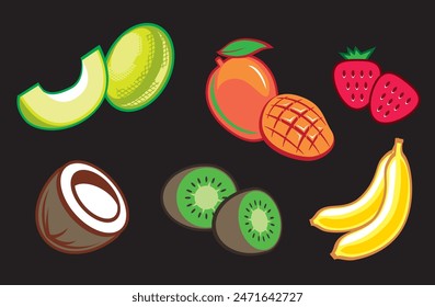 vector fruit set melon mango strawberry coconut kiwi banana