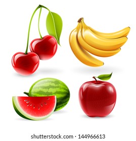 Vector fruit set - watermelon, apple, cherries and bananas
