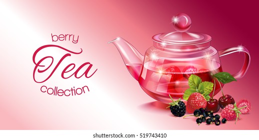 Vector fruit tea banner with transparent teapot and berries. Design for red and fruit tea, drink menu, homeopathy, aromatherapy and health care products. With place for text.