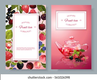 Vector fruit tea banners with transparent teapot and berries. Design for red and fruit tea, drink menu and health care products. With place for text.