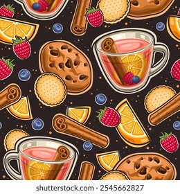 Vector Fruit Tea seamless pattern, decorative background with isolated illustrations flying tea cup and baked snacks, square placard with flat lay fresh pink tea and fruit slices on black background