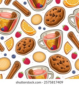 Vector Fruit Tea seamless pattern, decorative background with cut out illustrations flying tea cup and flour snacks, square placard with flat lay pink healthy tea and fruit slices on white background