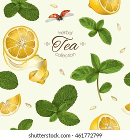 Vector fruit tea seamless pattern with lemon and mint .Background design for tea, aromatherapy, cosmetics, grocery ,health care products. Best for fabric, textile, wrapping paper.