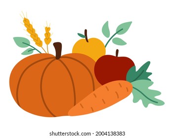 Vector fruit and vegetable arrangement. Cute horizontal set with apples, pumpkin and carrot. Autumn garden composition clipart. Fall season harvest icon isolated on white background