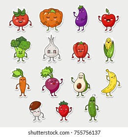 Vector fruit and vegetable character set, funny food icon with emotions face. Healthy fruit doodle illustration. Cartoon happy vegetable sticker big collection.