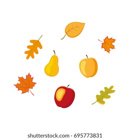 vector fruit, vegetables and autumn falling leaves flat set. Isolated illustration on a white background. Cartoon apple pear, oak maple leaves. Autumn fall symbols objects concept