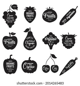 Vector fruit and vegetables labels. Fruit and vegetables silhouettes with lettering.fruit agriculture stores, packaging and advertising. Vector labels design