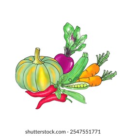 Vector fruit and vegetables with white background.