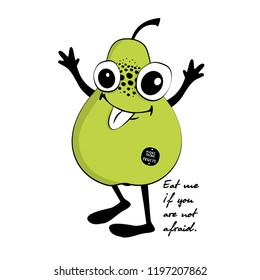 Vector fruit-monster. Hand drawn illustration of angry cartoon monster. Monstrous pear.