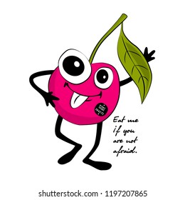 Vector fruit-monster. Hand drawn illustration of angry cartoon monster. Monstrous cherry.