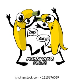 Vector fruit-monster. Hand drawn illustration of angry cartoon monster. Monstrous bananas. Monstrous bananas quarrel and fight. 4