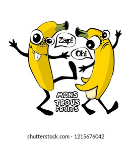Vector fruit-monster. Hand drawn illustration of angry cartoon monster. Monstrous bananas. Monstrous bananas quarrel and fight. 3