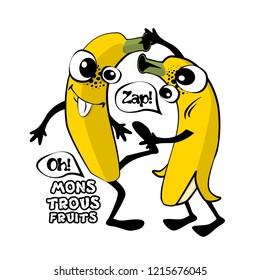 Vector fruit-monster. Hand drawn illustration of angry cartoon monster. Monstrous bananas. Monstrous bananas quarrel and fight. 2