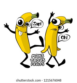 Vector fruit-monster. Hand drawn illustration of angry cartoon monster. Monstrous bananas. Monstrous bananas quarrel and fight. 5