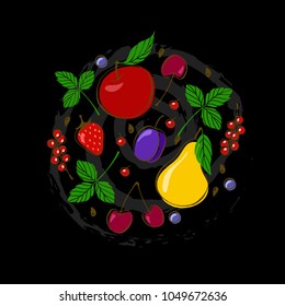 Vector fruits: apple, pear, cherry, plum, currant, strawberry, blackberries and leaves. Design menu card for vegetarians, logo vegan shop. EPS10