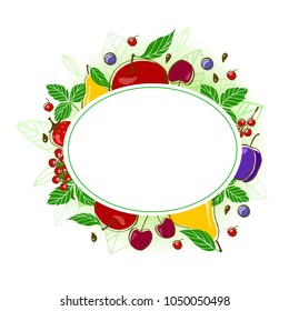 Vector fruits: apple, pear, cherry, plum, currant, strawberry, blackberries and leaves. Design menu card for vegetarians, logo vegan shop. EPS10