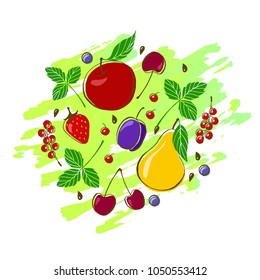 Vector fruits: apple, pear, cherry, plum, currant, strawberry, blackberries and leaves. Design menu card for vegetarians, logo vegan shop. EPS10