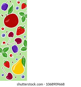 Vector fruits: apple, pear, cherry, plum, currant, strawberry, blackberries and leaves. Design menu card for vegetarians, logo vegan shop. EPS10