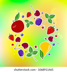 Vector fruits: apple, pear, cherry, plum, currant, strawberry, blackberries and leaves. Design menu card for vegetarians, logo vegan shop. EPS10