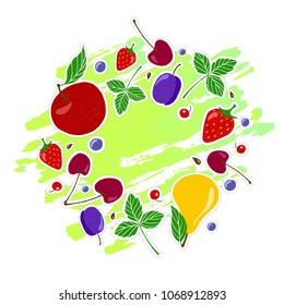 Vector fruits: apple, pear, cherry, plum, currant, strawberry, blackberries and leaves. Design menu card for vegetarians, logo vegan shop. EPS10