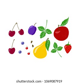Vector fruits: apple, pear, cherry, plum, currant, strawberry, blackberries and leaves. Design menu card for vegetarians, logo vegan shop. EPS10