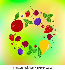 Vector fruits: apple, pear, cherry, plum, currant, strawberry, blackberries and leaves. Design menu card for vegetarians, logo vegan shop. EPS10