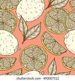 Vector Fruits background.Hand drawn Lemon seamless pattern