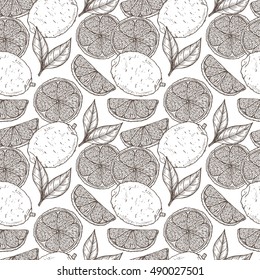 Vector Fruits background.Hand drawn Lemon seamless pattern