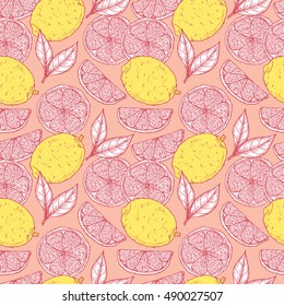 Vector Fruits background.Hand drawn Lemon seamless pattern