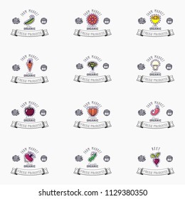 Vector fruits banners set. Eco foods.Vector illustration. Peas, grapefruit, lemon, carrots, celery, mushrooms, mangosteen, pumpkin, pepper, chili, beet, turnip, radish, cucumber.