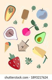 vector fruits and berries in flat style. set of stickers for design. healthy food