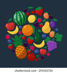 Vector Fruits and Berries Flat Style Icons Set in Circle Shape over Dark Background with Apple, Pear, Banana, Lemon, Cherry, Strawberry, Raspberry, Blueberry, Blackberry, Grapes, Orange, Plum, Apricot