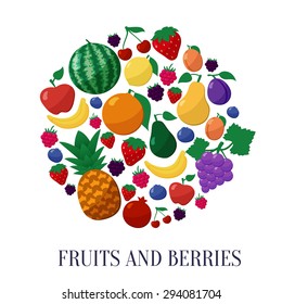 Vector Fruits and Berries Flat Style Icons Set in Circle Shape Isolated over White  Background with Apple, Banana, Lemon, Cherry, Strawberry, Raspberry, Blueberry, Blackberry, Grapes, Orange, Plum