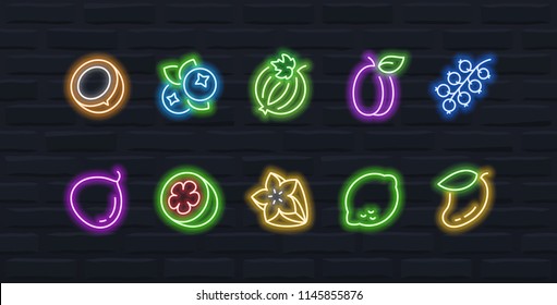 Vector fruits and berries icon set in outline neon style #3