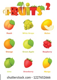 Vector fruits and berries icon set. Includes colorful and bright peach, white grapes, melon, orange, raspberry, lime, strawberry, mango and apple icons