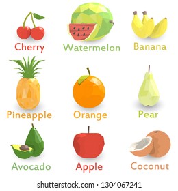 Vector fruits and berries icon set. Includes cherry, watermelon, banana, pineapple, orange, pear, avocado, apple, coconut. Done in low poly style.