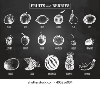 Vector fruits and berries illustrations set. Organic, eco, bio food. Hand drawn sketches on chalkboard: Plum, Lemon,Orange,Apple,Watermelon,Peach,Strawberry,Banana,Pear,Pineapple,Raspberry,Cherry etc.