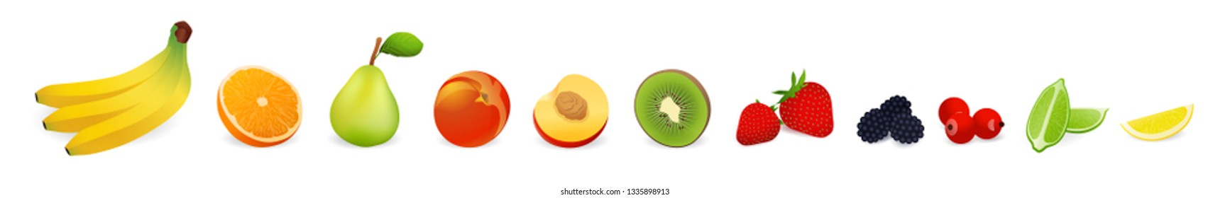 Vector fruits and berries set isolated on white background. Healthy organic food like banana, orange, strawberry useful at any packaging design template 