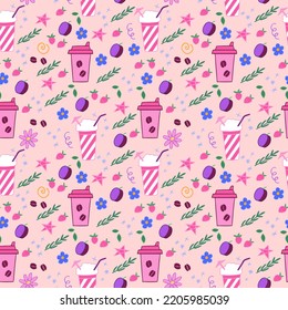 Vector fruits, beverages, flowers, stars and decorative elements in cartoon style seamless pattern